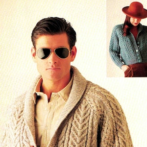 May include: Two people wearing knitted cardigans. The person on the left is wearing a beige cardigan with a cable knit pattern. The person on the right is wearing a teal blue cardigan with a cable knit pattern.