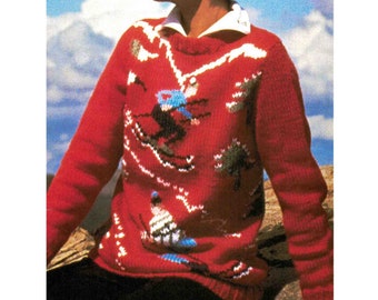 May include: Red knitted sweater with a white, blue, and green ski scene design. The sweater features skiers, trees, and a snowy mountain landscape.