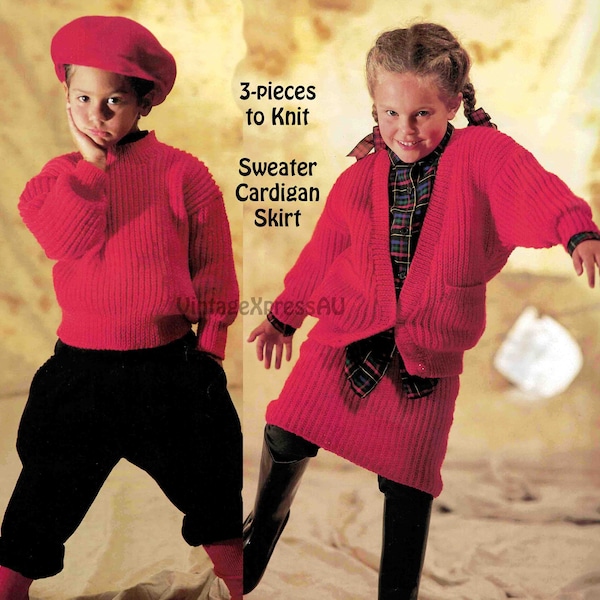 Childs 3-piece Ribbed Sweater Cardigan & Skirt EASY knitting pattern in English Children 4-10 yrs 24-30" DK 8 ply PDF digital download