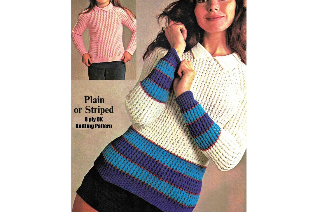Plain or Striped Sweater Knitting Pattern DK 8 Ply Girl's / Lady's 7 ...