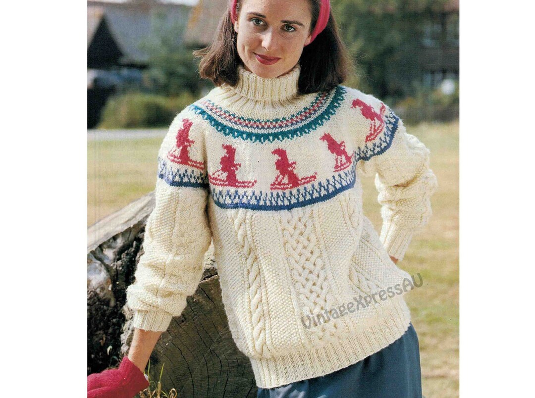 Ski Sweater Aran Knitting Pattern in ENGLISH Skiers Around Yoke 8 Ply DK Women s 3 Sizes 34 38 86 97cm Polo Neck PDF Digital Download Etsy