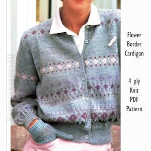 Flower Border Cardigan Fair Isle Knitting Pattern 4 ply Lady's 81-91 cm Knit from Chart Graph PDF Digital Download