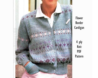 Flower Border Cardigan Fair Isle Knitting Pattern 4 ply Lady's 81-91 cm Knit from Chart Graph PDF Digital Download