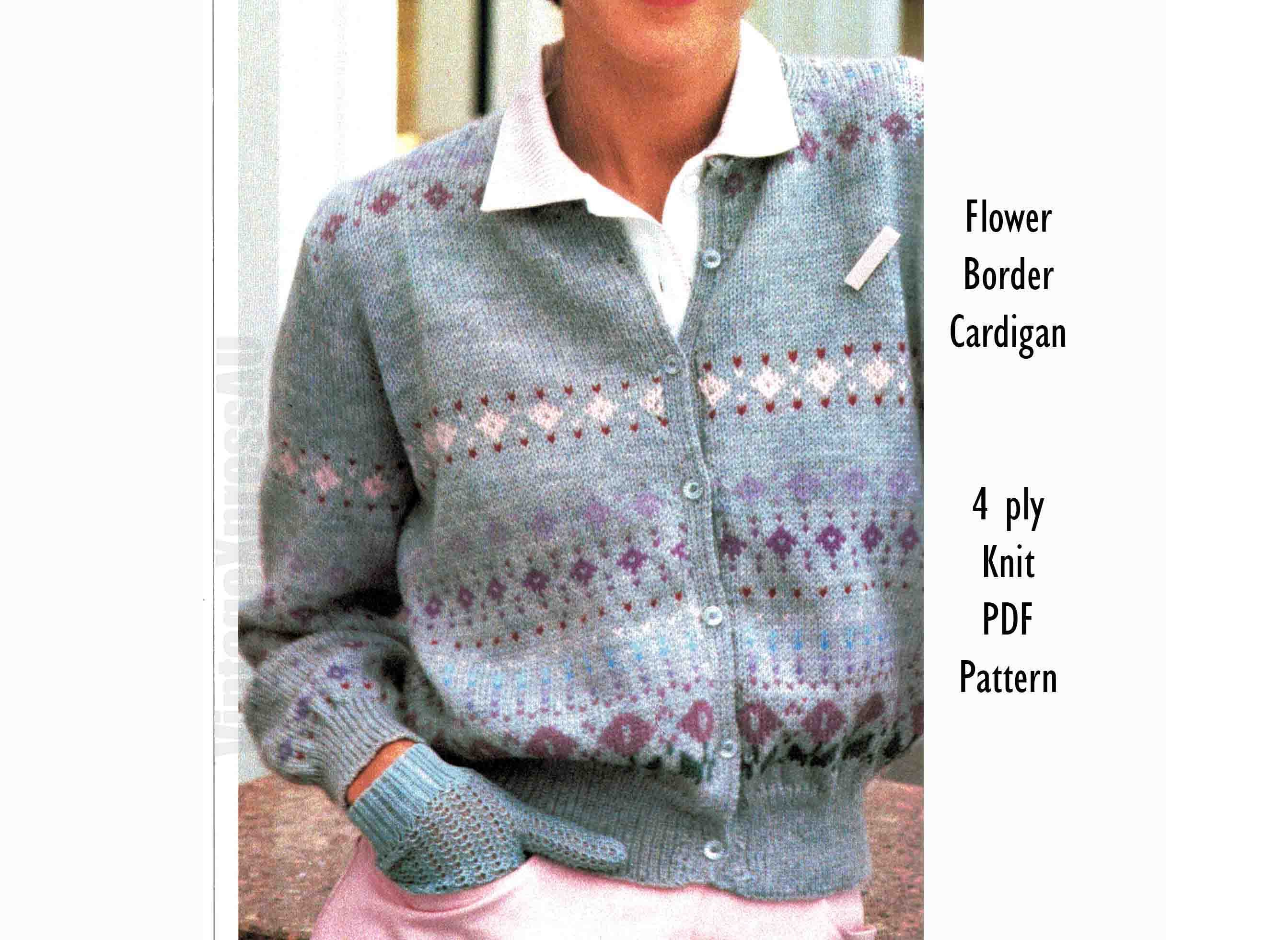 Flower Border Cardigan Fair Isle Knitting Pattern 4 Ply Lady's 81