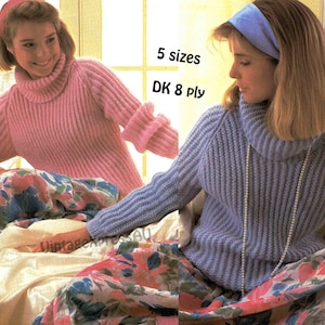 May include: Two women wearing knitted jumpers with turtleneck collars. The jumper on the left is pink and the jumper on the right is light blue. The text "5 sizes DK 8 ply" is printed on the image.