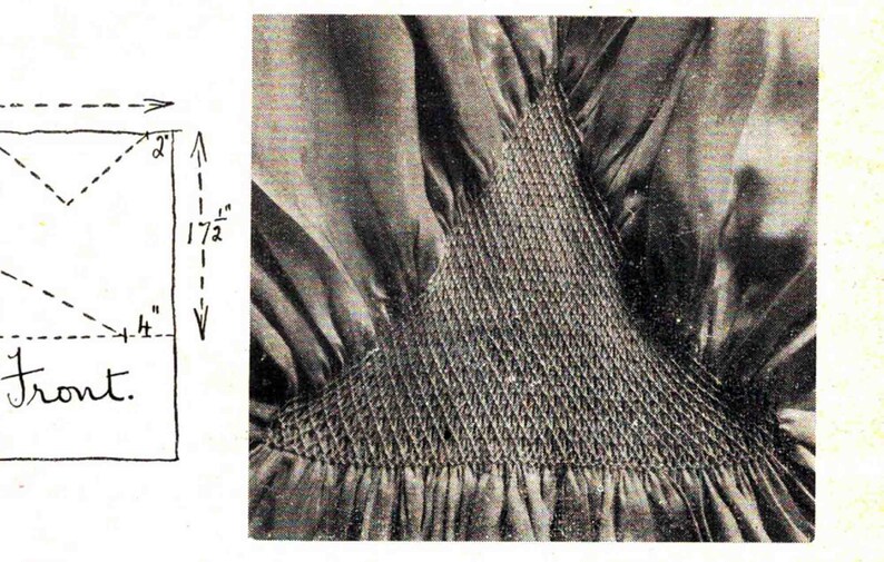 May include: A black and white diagram showing how to create a gathered ruffle with a 1 1/2 inch seam allowance and a 4 inch front. The diagram is labeled "front". A close-up image of a gathered ruffle on fabric.
