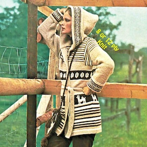 Jacket Wrap Round with Hood & Belt Aztec Knitting Pattern DK 8 ply or Bulky 12 ply Lady or Man Unisex PDF digital download