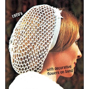 May include: A white crocheted hair net with a decorative flower on the band, from the 1970s. The net covers the hair and is attached to a white band. The text "with decorative flowers on band" is visible.