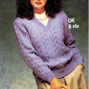 Cable Knit Sweater V-Neck knitting pattern Women 4 sizes 75-105cms 30-42ins DK 8 ply PDF digital download in ENGLISH