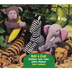Zoo Jungle Animals knitting pattern 5-in-1 Elephant Tiger Lion Monkey Zebra Safari 8 ply knits ENGLISH digital PDF download
