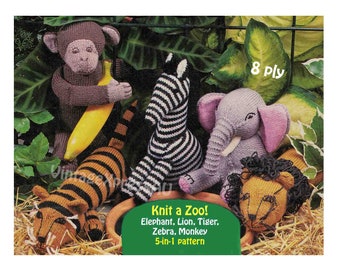 Zoo Jungle Animals knitting pattern 5-in-1 Elephant Tiger Lion Monkey Zebra Safari 8 ply knits ENGLISH digital PDF download