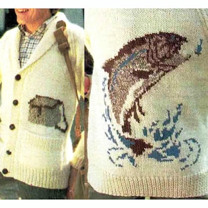 Fishing Jacket Fishermen&#39;s Cardigan Knitting Pattern in ENGLISH 1980&#39;s Tackle box + Large Fish ~ Knit in from Graph Chart ~ PDF Digital