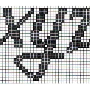 May include: Black pixelated letters X, Y, and Z on a grid background. The letters are in a stylized, cursive font. The grid is composed of small squares, creating a cross-stitch or pixel art effect. The background is white.