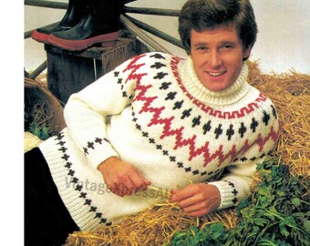 Fair Isle Sweater knitting pattern Polo neck Men 3 sizes 90-100cm 35.1/2-39.1/4" Bulky 12 ply Nordic Icelandic PDF download in ENGLISH