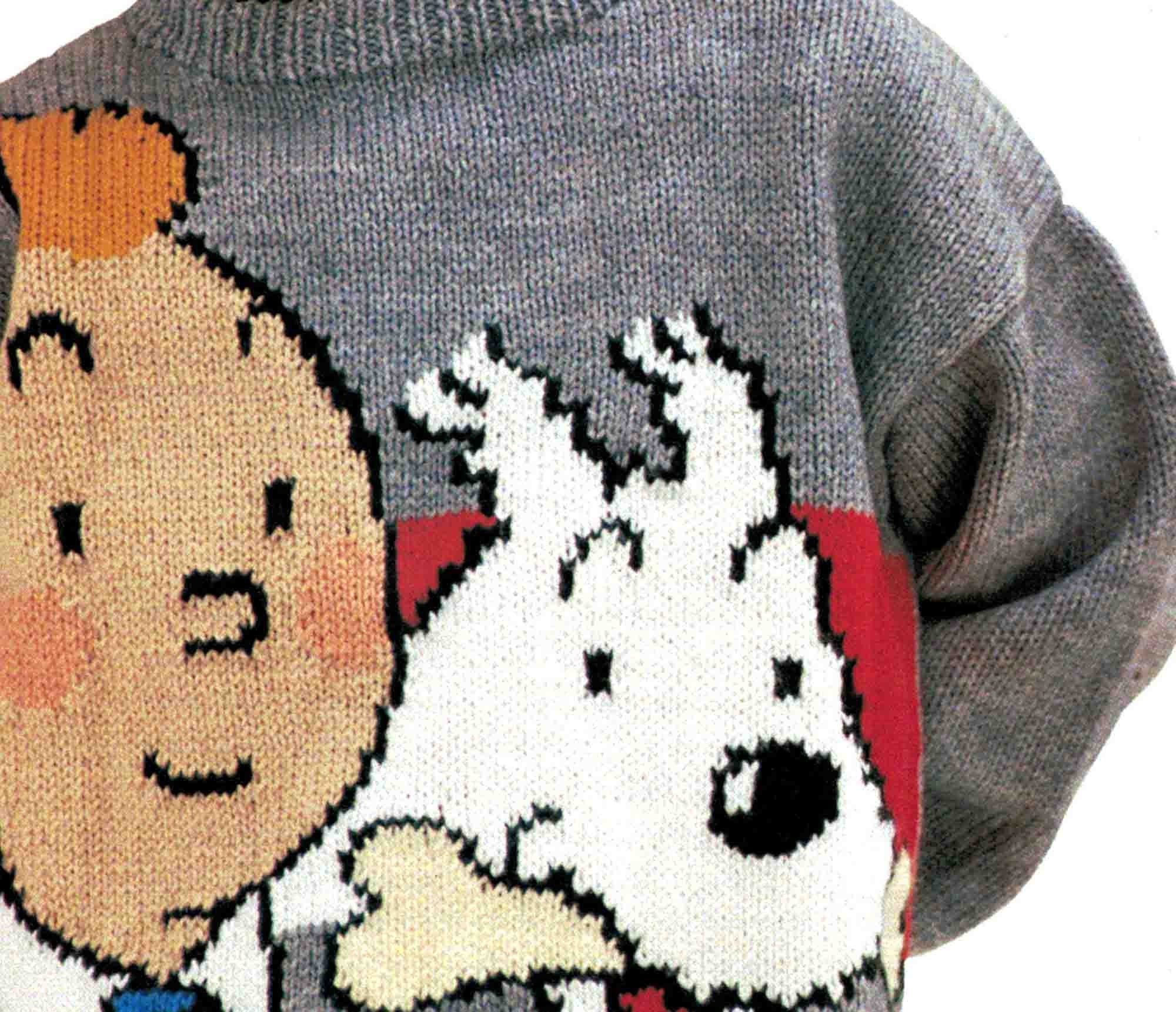 希少【TINTIN】タンタン スノーウィ 刺繍 ニットセーターグレーL【105】 タンタンの冒険 セーター編み図 5サイズ モチーフ グラフDK 8本撚り