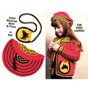 Girl&#39;s Horse Shoe Motif Knitted Jacket Waistcoat Beret Purse Knitting Pattern 8 ply DK Vintage 1970s PDF Digital Download