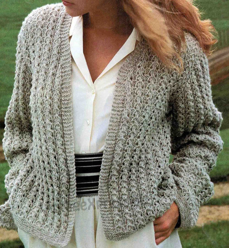 Lacy Jacket Open Front knitting pattern in ENGLISH 8 ply DK Women's 3 sizes 80-105cm Lace Patterned cardigan PDF Digital download image 2