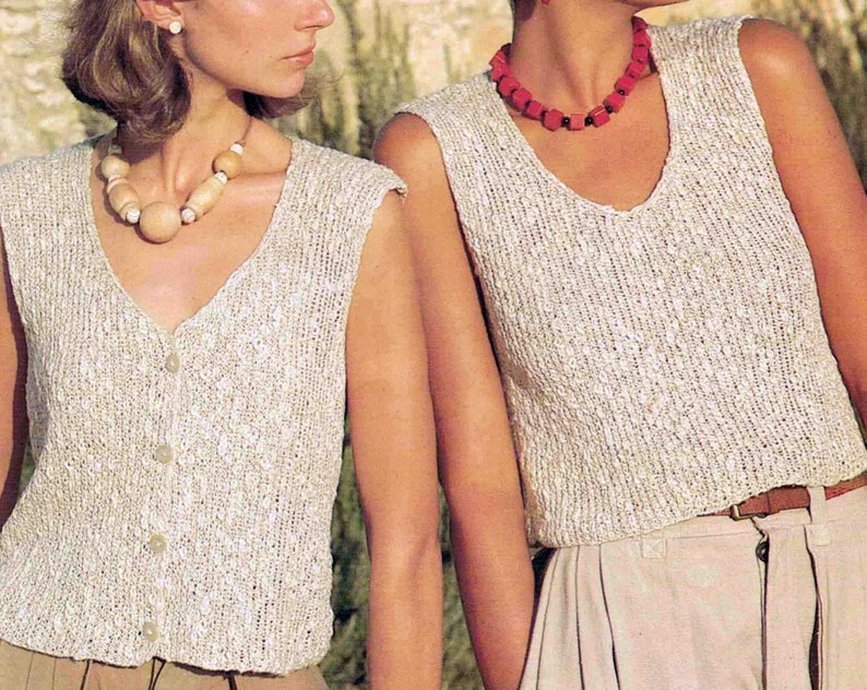 Knit Rib Top Slipover & Waistcoat Vest knitting pattern in ENGLISH Linen look 2 designs in 1 Lady's 4 sizes 32-38 81-97cms image 2