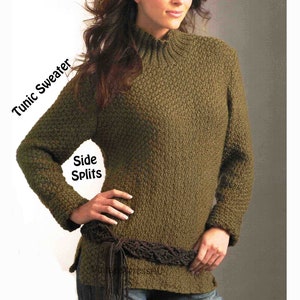 Tunic Sweater with Side Splits Pullover Jumper Knitting Pattern Turtle Neck 6 sizes Easy Knit PDF Digital Download