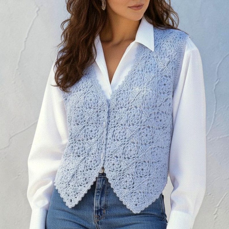 May include: A light blue crochet vest featuring a repeating floral motif pattern with a V-neckline and a button-front closure, worn over a crisp white long-sleeved collared shirt and blue denim jeans, showcasing intricate yarn work and texture.