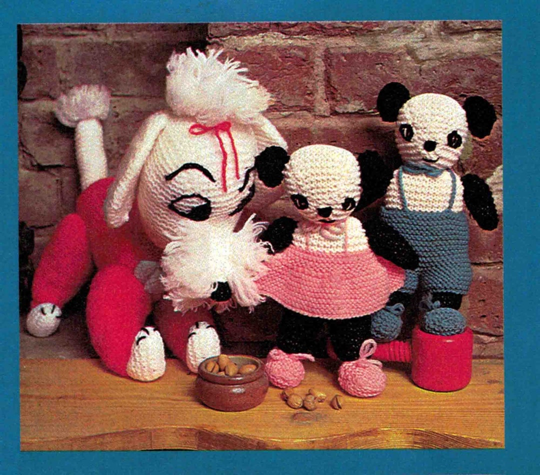 Poodle Dog & Twin Pandas Knitting Pattern 8 Ply DK 3 Loveable Soft Toys