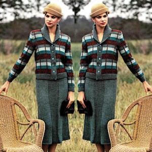 May include: A vintage-style ensemble featuring a gray skirt and a matching cardigan with a plaid pattern in teal, brown, and white. The outfit is completed with a tan hat and a black clutch. The cardigan has a shawl collar and button closure.