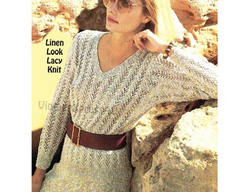 Linen Look Lacy Sweater knitting pattern Women 6 sizes 32-42in 81-107cms DK 8 ply V-neck Lady's pullover PDF digital download in ENGLISH