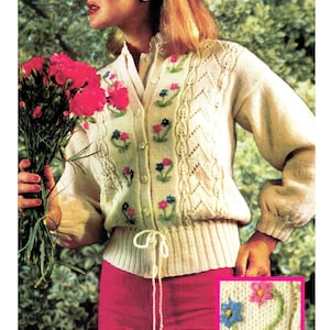 Cardigan Embroidered Flowers Knitting Pattern 4 sizes Women 81-97cm 32-38in Tyrolean style Lacy panels DK 8 ply PDF download in ENGLISH