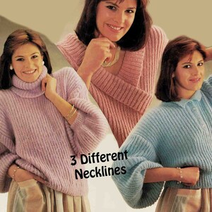 May include: Three women model three different styles of jumpers with different necklines. The jumpers are a light pink, a darker pink, and a light blue. The text "3 Different Necklines" is printed on the image.