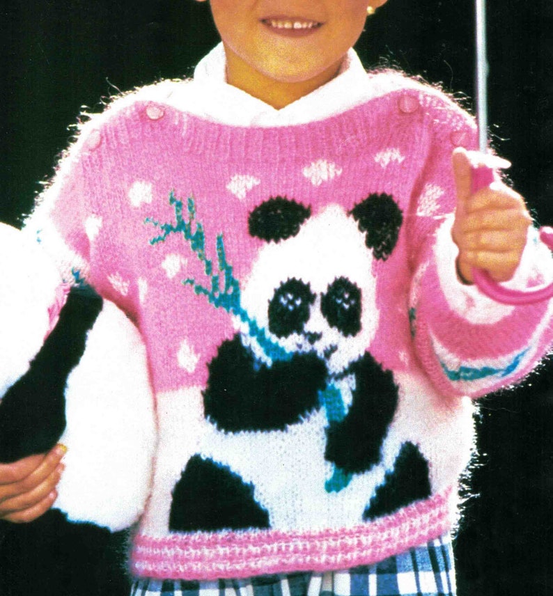 Panda geborduurd trui breipatroon in ENGELSE trui Pullover kind 22-26 inch DK / 8 laags PDF digitale download afbeelding 2