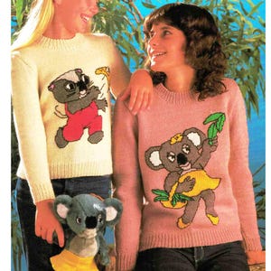 Patrón de tejido para suéter de wombat y koala, varios tamaños, 2 gráficos, animales australianos, boomerang bordado, descarga en PDF en INGLÉS