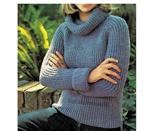 Fisherman Rib Polo Neck sweater knitting pattern DK 8 ply Women 4 sizes 30-36in 75-90cm Ribbed Pullover PDF digital download in ENGLISH