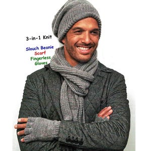 May include: A gray knit 3-in-1 set including a slouch beanie, scarf, and fingerless gloves. The text on the image reads: "3-in-1 Knit, Slouch Beanie, Scarf, Fingerless Gloves."