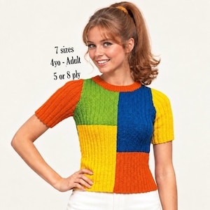 Peut inclure: Un pull en tricot à manches courtes avec un motif color-block orange, vert lime, bleu et jaune. Le texte sur l'image indique 7 sizes, 4yo - Adult, 5 or 8 ply. Le pull présente une texture côtelée et une encolure ronde.