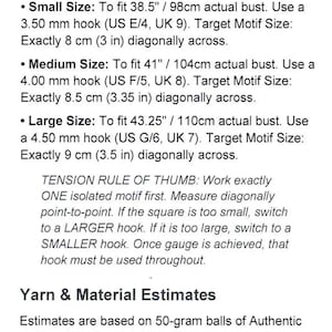 May include: A document titled Sizing, Hook Sizes, & Tension Strategy detailing crochet instructions. It lists hook sizes for small, medium, and large garments to fit 38.5, 41, and 43.25 inch busts, plus yarn estimates for 50-gram balls and 1.5 cm buttons.