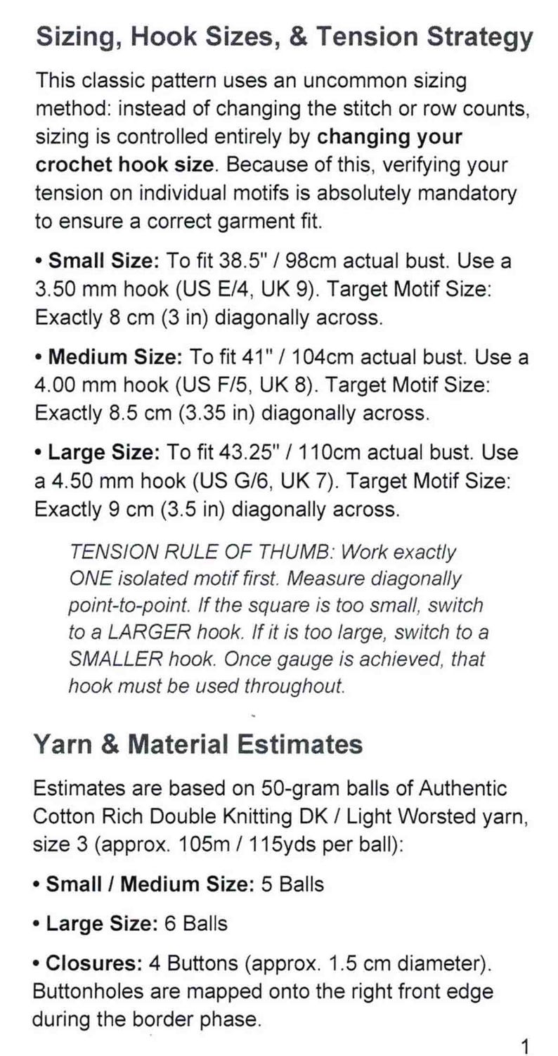 May include: A document titled Sizing, Hook Sizes, & Tension Strategy detailing crochet instructions. It lists hook sizes for small, medium, and large garments to fit 38.5, 41, and 43.25 inch busts, plus yarn estimates for 50-gram balls and 1.5 cm buttons.