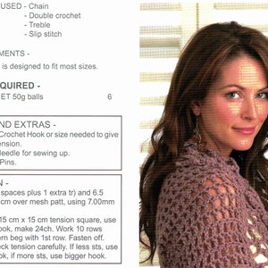 May include: A crochet pattern for a shrug, featuring a close-up of the finished product on a model. The pattern uses chain, double crochet, treble, and slip stitch. The pattern requires 6 balls of Patons Jet yarn and a 7.00mm crochet hook. The pattern also includes instructions for tension and how to work a tension square.