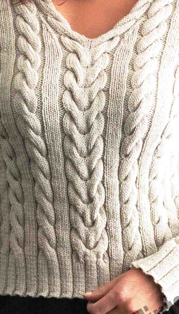 Cabled V-neck Sweater Lady's Knitting Pattern in ENGLISH 8 Cabled V-neck Sweater Lady's Knitting Pattern in ENGLISH 8