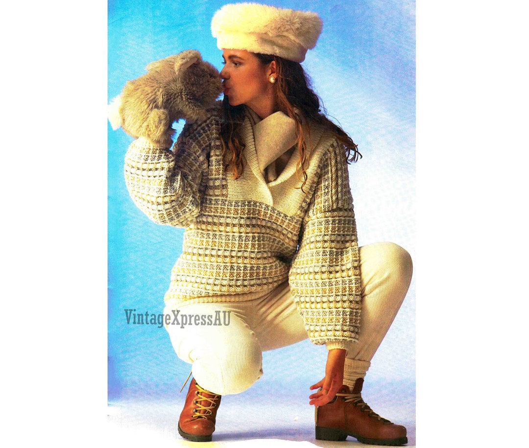 Shawl Collar Sweater Knitting Pattern 3colour Textured DK 8 Ply Lady's