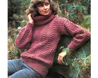 Strickanleitung mit Zopfmuster, Rollkragen, 5 Größen 80-100cm, 32-40 in dicker grobstrick Pullover mit Lochmuster PDF digitaler download ENGLISCH