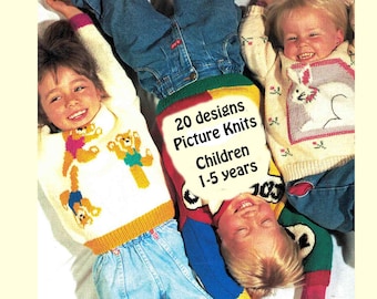 Childs 20 Picture Knit patterns 5 sizes Sweaters & Tunics assorted graphs Truck Hippo Bunny ~ TWENTY ~ Children 1-5 yrs PDF download ENGLISH