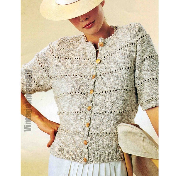 Linen look women's Cardigan knitting pattern Eyelet hole DK 8 ply 6 sizes 30-40" 75-100cms PDF digital download