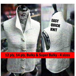 Vest Sleeveless QUICK Easy Pattern, Knit 12 Ply, 14 Ply, Bulky & Super Bulky, 4 sizes 81-120cm 32-47" (PDF download in ENGLISH)