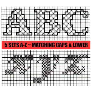 May include: A cross-stitch pattern chart featuring black block letters A, B, and C on a white grid, with a red horizontal bar containing the text 5 SETS A-Z ~ MATCHING CAPS & LOWER, followed by a second grid showing black cross-stitch letters.