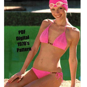 May include: A PDF digital pattern for a 1970's style pink crochet bikini. The model is wearing the bikini and a pink swim cap.