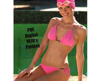 Bikini Mini Patrón de punto de 2 piezas Vintage 1970s ~ Bordes con cable de ganchillo ~ Traje de baño Traje de baño Ropa de playa PDF Descarga digital