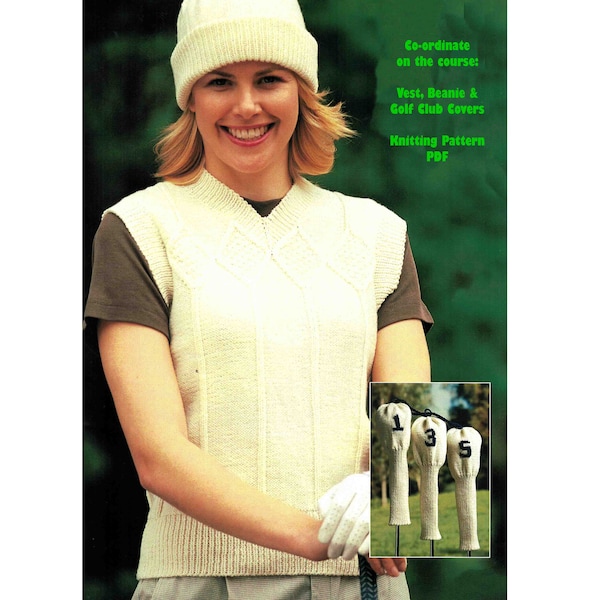 GOLF Club Covers Co-ordinated Set Knitting Pattern ~ Diamond patterned Vest 75-100cm, Beanie & Numbered Covers 1-5 ~ Sport / 5 ply PDF