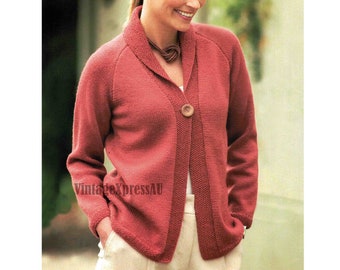 Veste à col roulé Cardigan Modèle de tricot DK 8 épaisseurs Rubans au point mousse Raglan pour femmes 4 tailles 32-46 po. 80-115 cm Télécharger le PDF en ANGLAIS