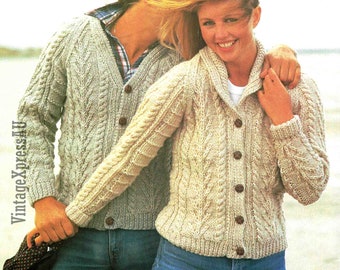 Aran Jacket or Cardigan Knitting Pattern Bulky yarn ~ Lady with Shawl Collar 3 sizes / Man V-neck 3 sizes ~ PDF Digital download