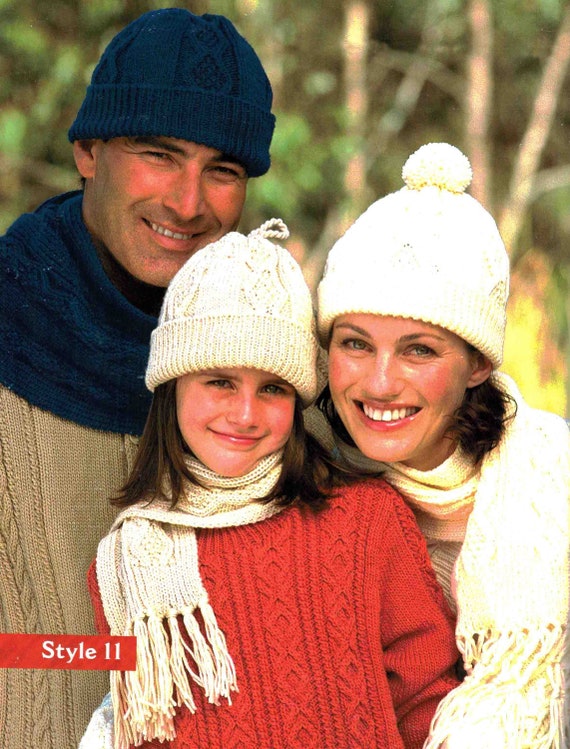 Family Aran Hat Scarf to Knit 8 Ply Cable Knitting Pattern in